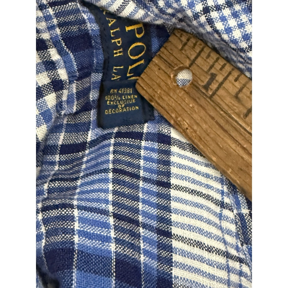 Polo Ralph Lauren Shirt Linen Button Up XL Blue Plaid Pony Long Sleeve - Picture 8 of 8